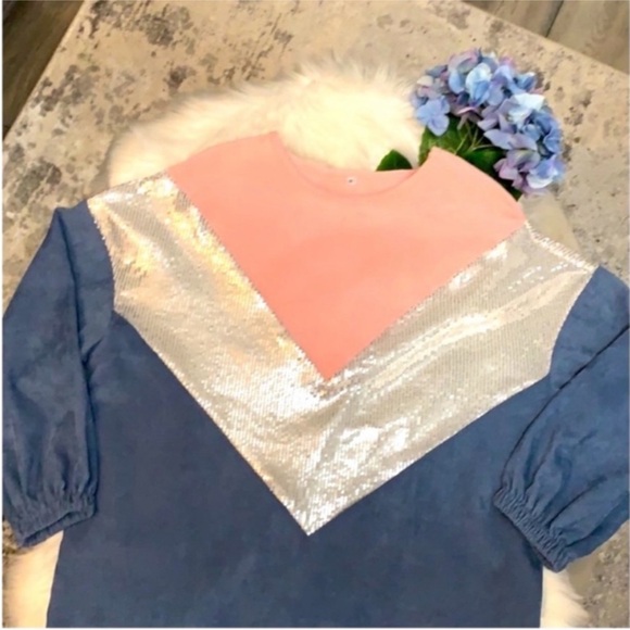 Sequin Chevron Contrast Panel Pullover 
Blue, Pink, Silver Sz MED - Picture 2 of 3